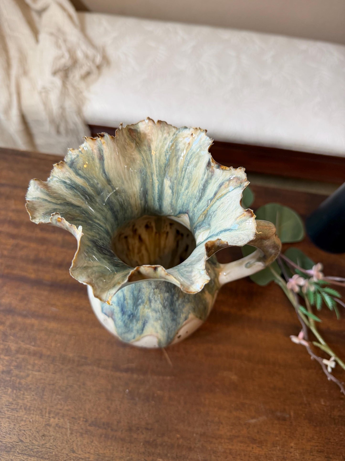 Tidal Bloom Pitcher – Handmade Ceramic Vase, Sculptural Ruffled Rim Vessel, Coastal Glaze Pottery, One-of-a-Kind Floral Pitcher