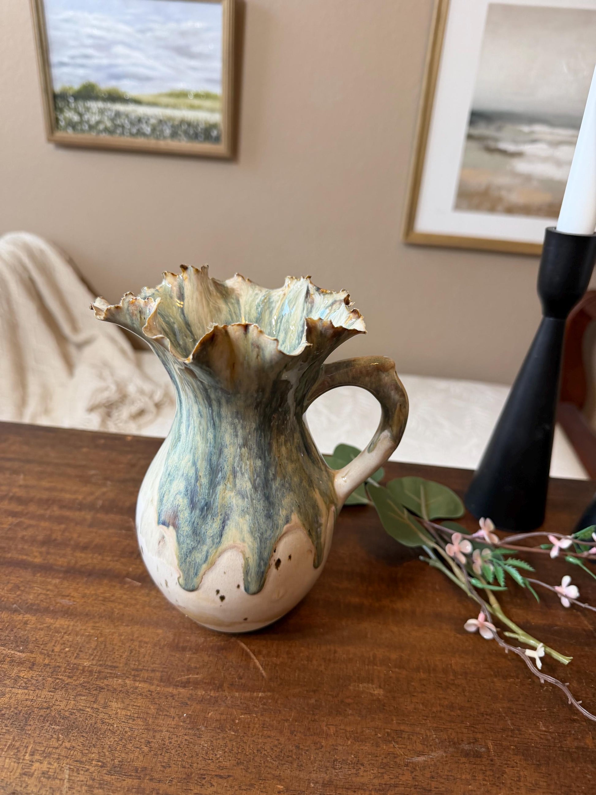 Tidal Bloom Pitcher – Handmade Ceramic Vase, Sculptural Ruffled Rim Vessel, Coastal Glaze Pottery, One-of-a-Kind Floral Pitcher