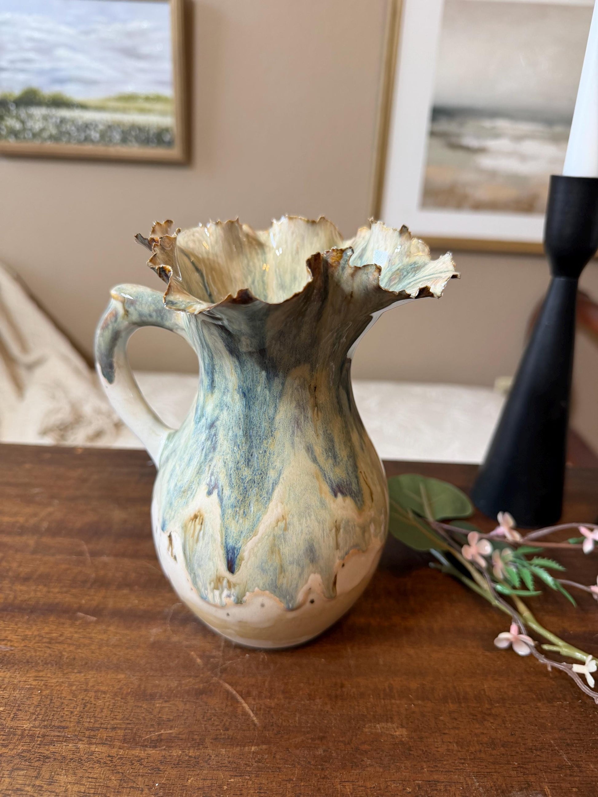 Tidal Bloom Pitcher – Handmade Ceramic Vase, Sculptural Ruffled Rim Vessel, Coastal Glaze Pottery, One-of-a-Kind Floral Pitcher