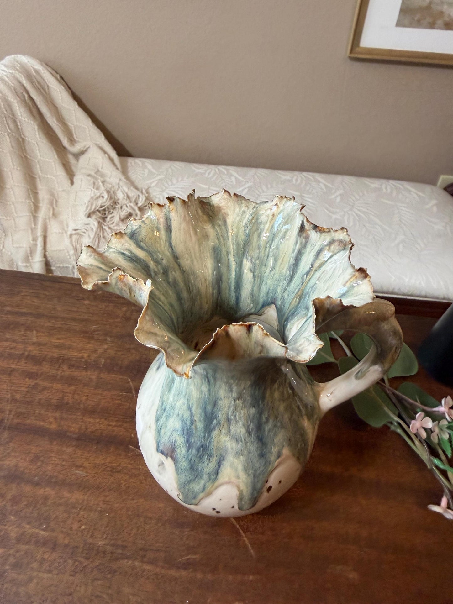 Tidal Bloom Pitcher – Handmade Ceramic Vase, Sculptural Ruffled Rim Vessel, Coastal Glaze Pottery, One-of-a-Kind Floral Pitcher