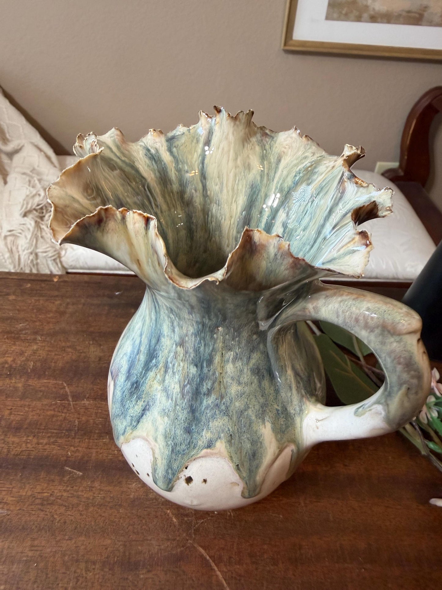 Tidal Bloom Pitcher – Handmade Ceramic Vase, Sculptural Ruffled Rim Vessel, Coastal Glaze Pottery, One-of-a-Kind Floral Pitcher