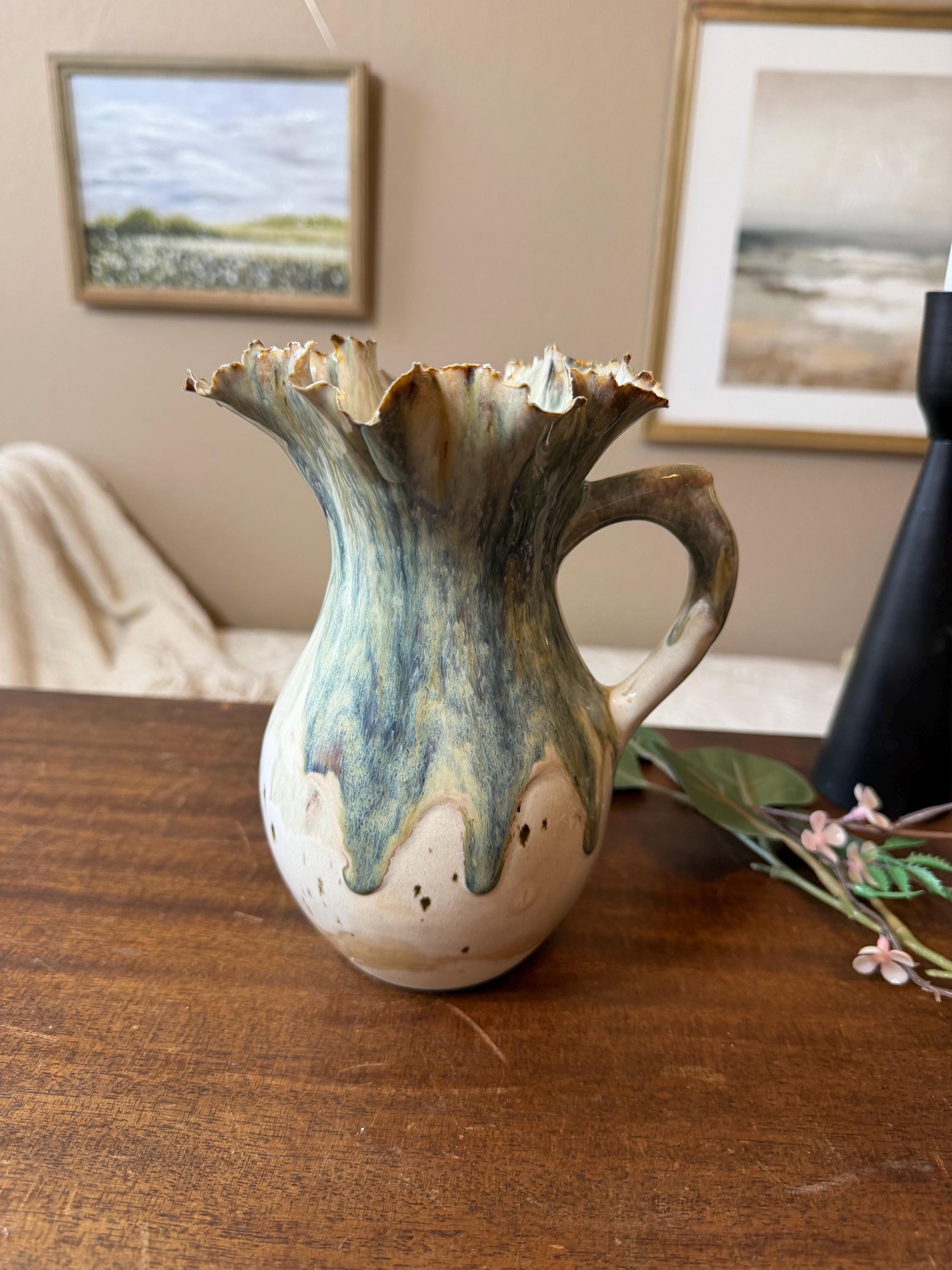 Tidal Bloom Pitcher – Handmade Ceramic Vase, Sculptural Ruffled Rim Vessel, Coastal Glaze Pottery, One-of-a-Kind Floral Pitcher