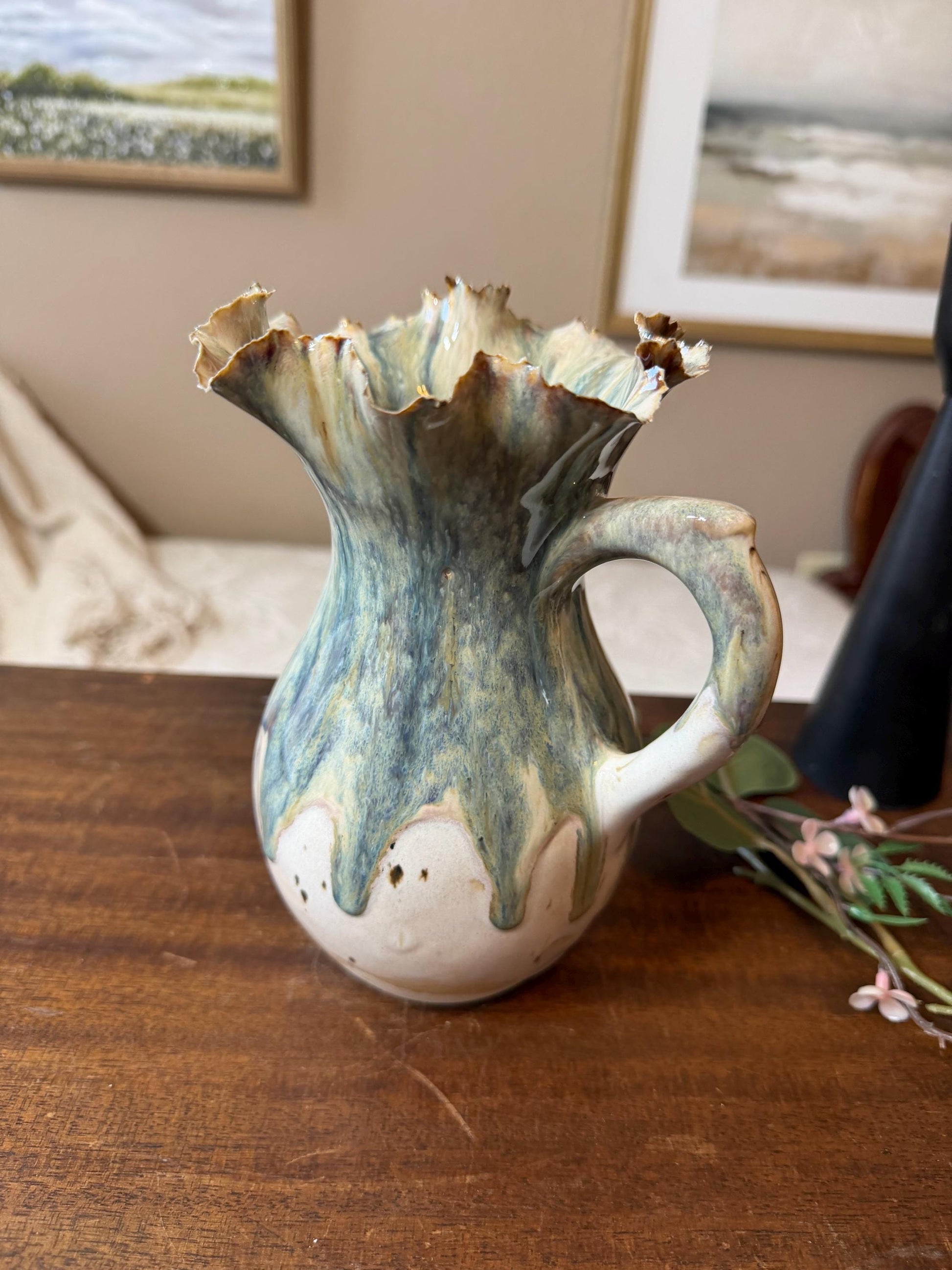 Tidal Bloom Pitcher – Handmade Ceramic Vase, Sculptural Ruffled Rim Vessel, Coastal Glaze Pottery, One-of-a-Kind Floral Pitcher