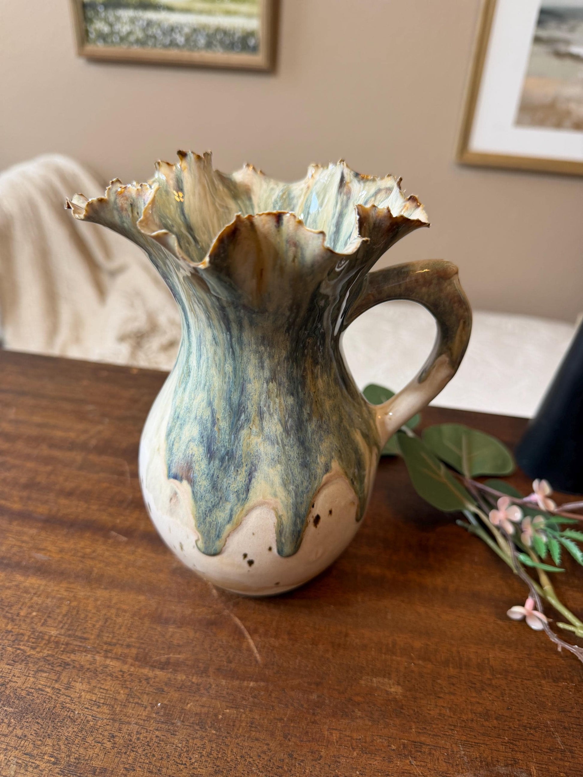 Tidal Bloom Pitcher – Handmade Ceramic Vase, Sculptural Ruffled Rim Vessel, Coastal Glaze Pottery, One-of-a-Kind Floral Pitcher