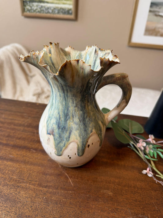 Tidal Bloom Pitcher – Handmade Ceramic Vase, Sculptural Ruffled Rim Vessel, Coastal Glaze Pottery, One-of-a-Kind Floral Pitcher