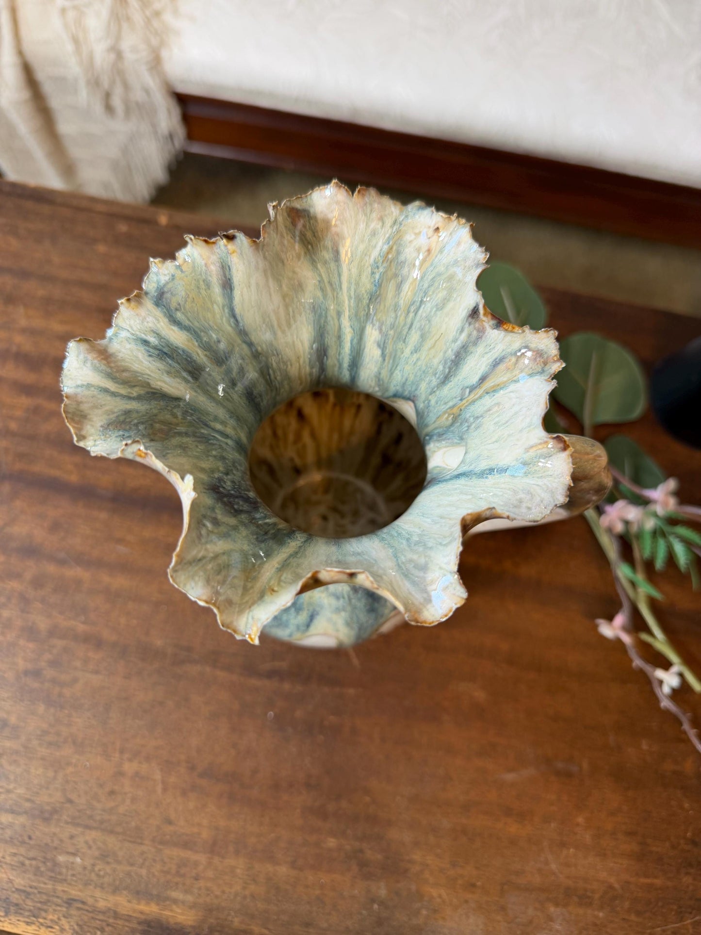 Tidal Bloom Pitcher – Handmade Ceramic Vase, Sculptural Ruffled Rim Vessel, Coastal Glaze Pottery, One-of-a-Kind Floral Pitcher