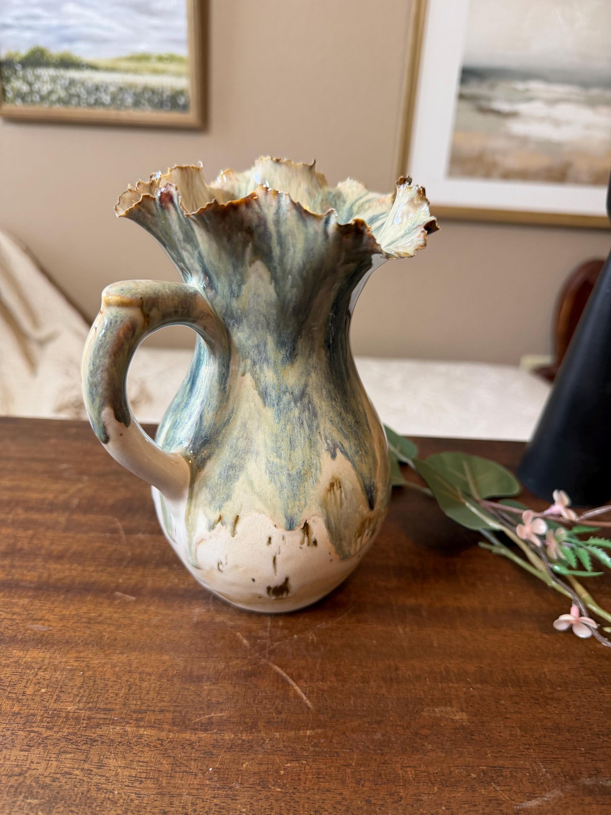 Tidal Bloom Pitcher – Handmade Ceramic Vase, Sculptural Ruffled Rim Vessel, Coastal Glaze Pottery, One-of-a-Kind Floral Pitcher
