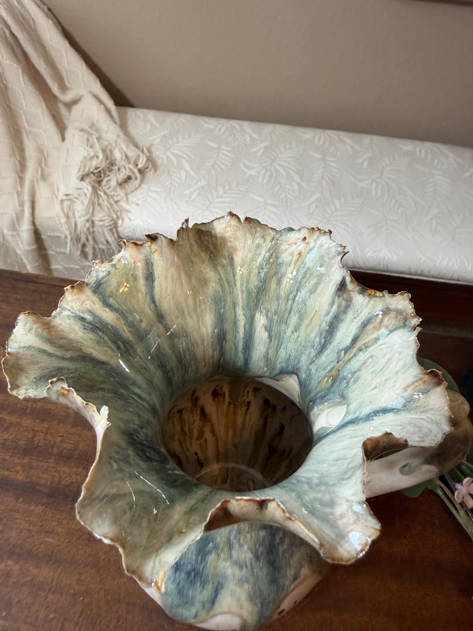 Tidal Bloom Pitcher – Handmade Ceramic Vase, Sculptural Ruffled Rim Vessel, Coastal Glaze Pottery, One-of-a-Kind Floral Pitcher