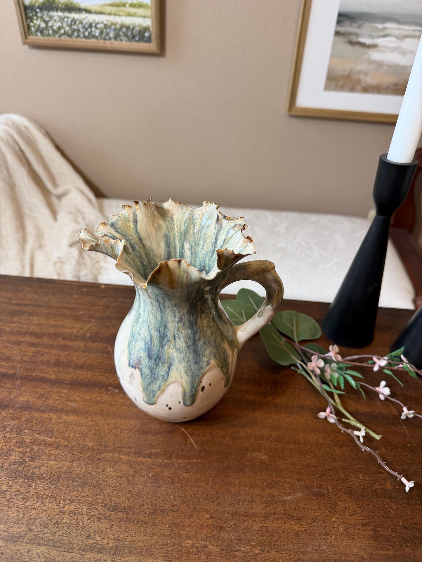 Tidal Bloom Pitcher – Handmade Ceramic Vase, Sculptural Ruffled Rim Vessel, Coastal Glaze Pottery, One-of-a-Kind Floral Pitcher