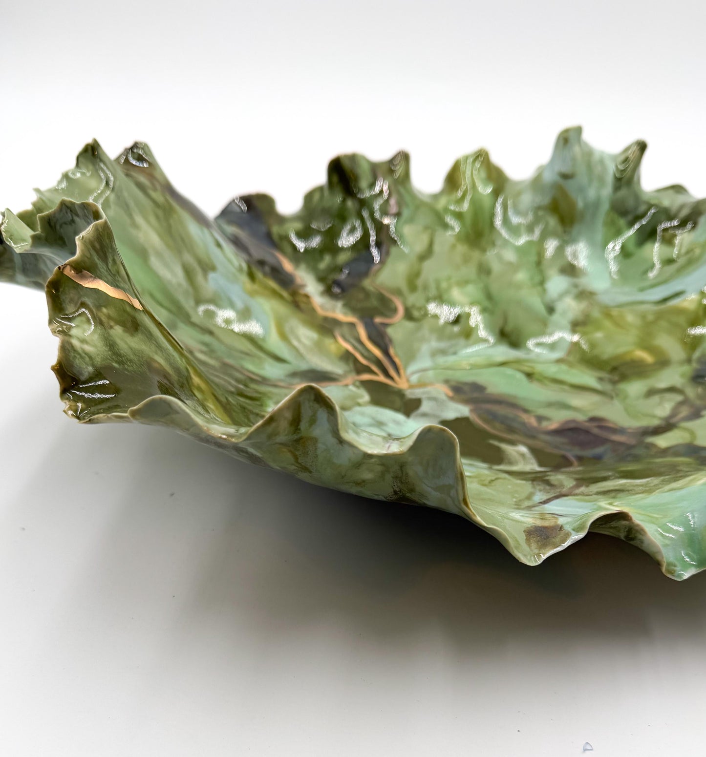 Verdant Current – Hand-Sculpted Porcelain Statement Bowl with Gold Luster | One-of-a-Kind Sculptural Ceramic Art | Cori Ceramics