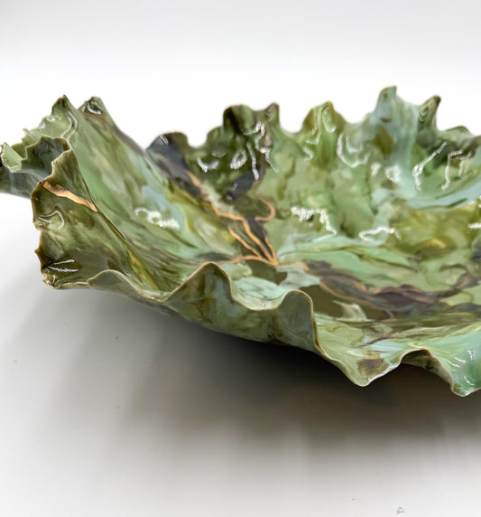 Verdant Current – Hand-Sculpted Porcelain Statement Bowl with Gold Luster | One-of-a-Kind Sculptural Ceramic Art | Cori Ceramics