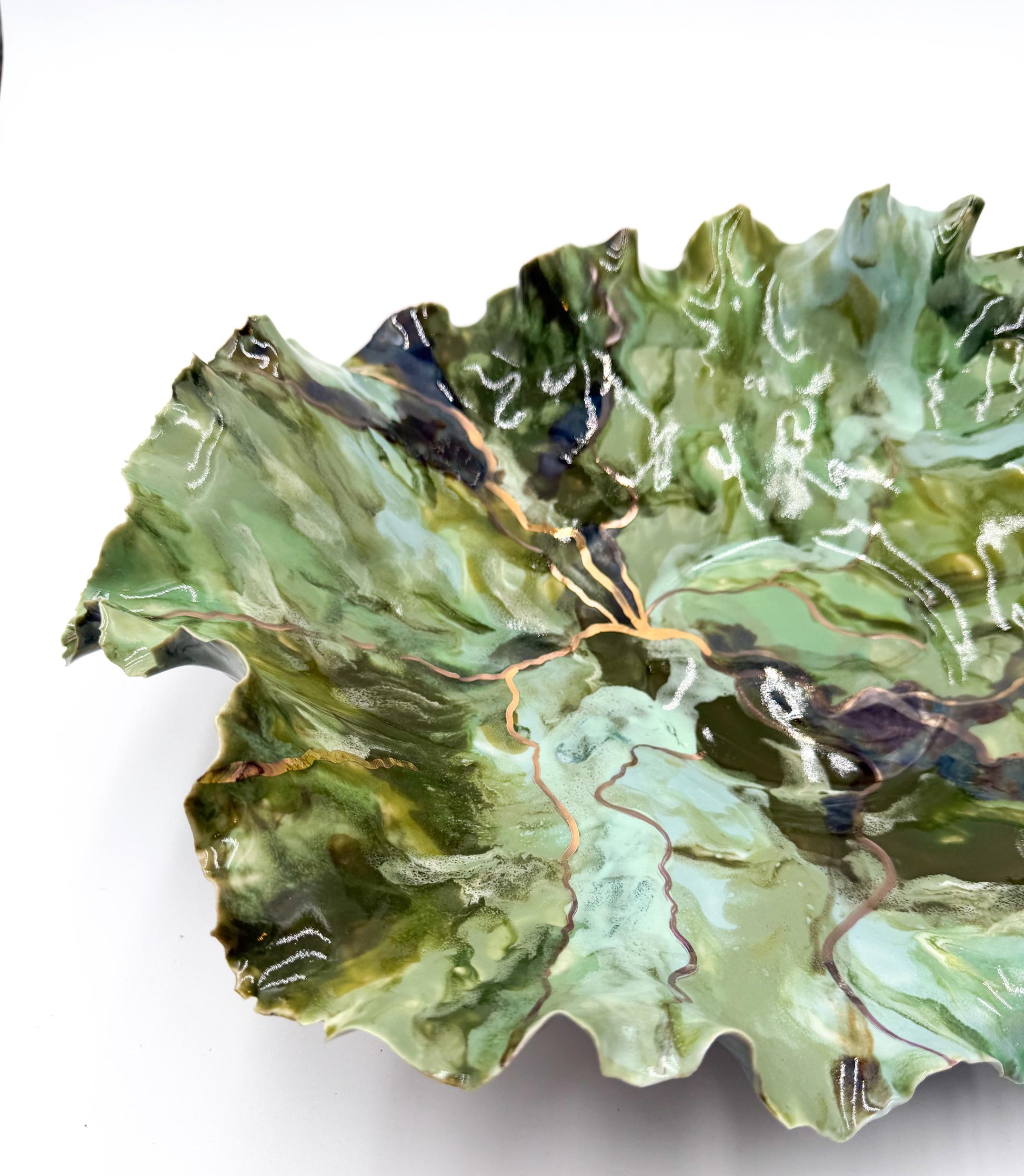 Verdant Current – Hand-Sculpted Porcelain Statement Bowl with Gold Luster | One-of-a-Kind Sculptural Ceramic Art | Cori Ceramics