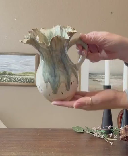 Tidal Bloom Pitcher – Handmade Ceramic Vase, Sculptural Ruffled Rim Vessel, Coastal Glaze Pottery, One-of-a-Kind Floral Pitcher