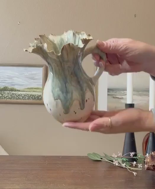 Tidal Bloom Pitcher – Handmade Ceramic Vase, Sculptural Ruffled Rim Vessel, Coastal Glaze Pottery, One-of-a-Kind Floral Pitcher